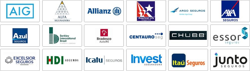 AIG, Alfa, Allianz, American Life, Argo, Axa, Azul, Berkley, Bradesco, Centauro-on, Chubb, Essor, Excelsior, HDI, Icatu, Invest, Itaú, Junto